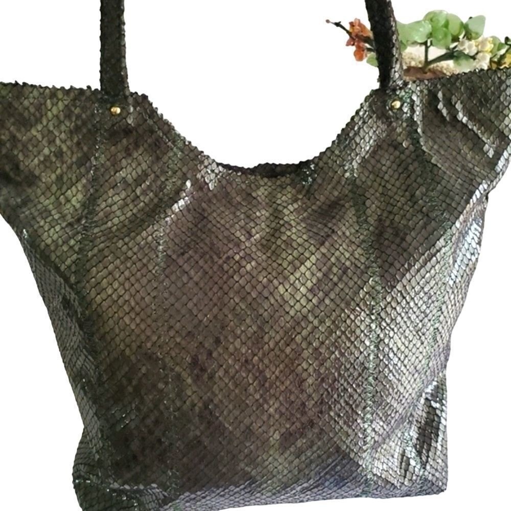 Sondra Roberts Faux Snakeskin Tote‎ Bag Greenish Grey Micro-Scale Print NWOT - Picture 5 of 9